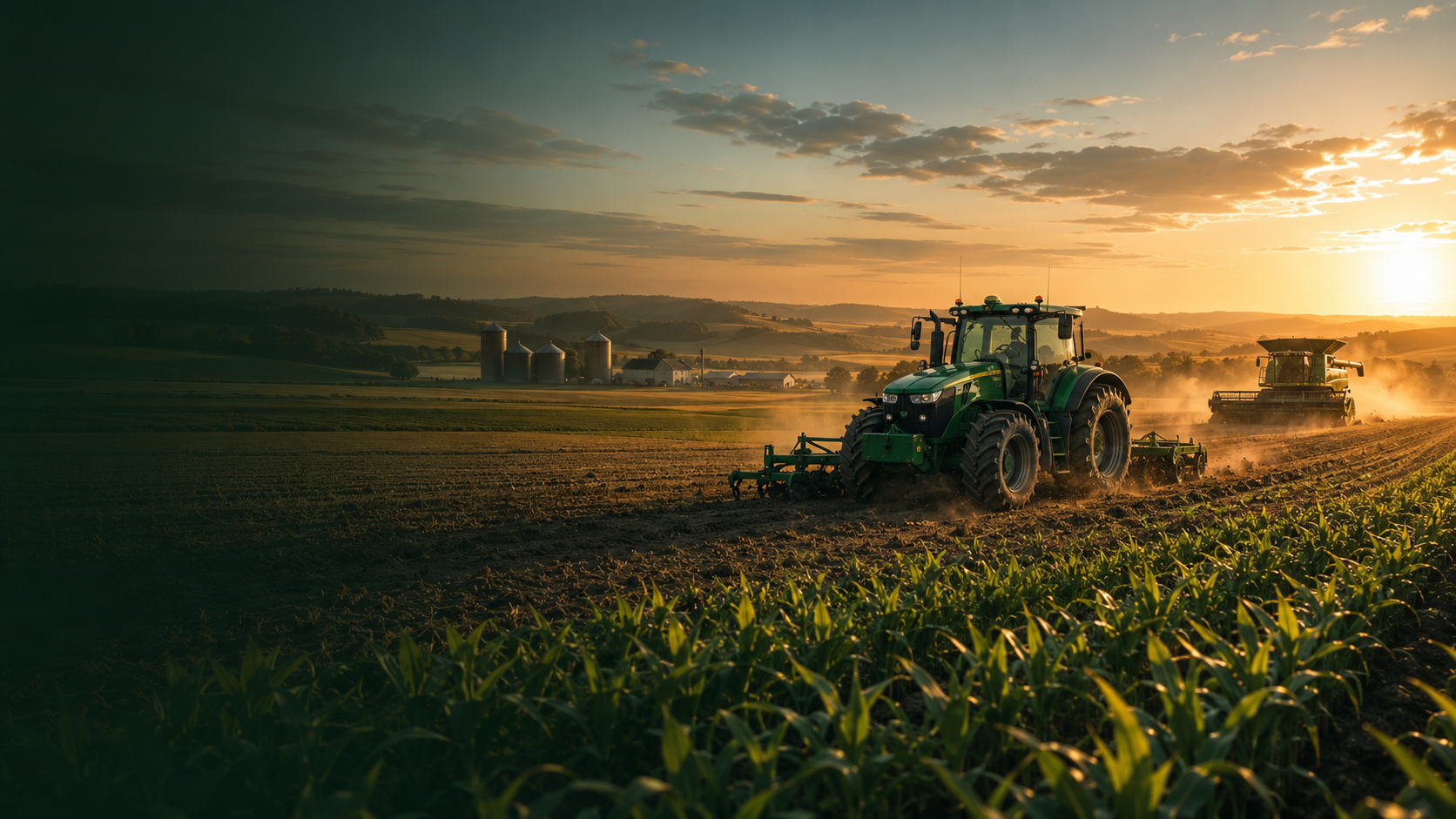 Landwirtschaftliche Szene mit Traktor, Feldern und Mähdrescher